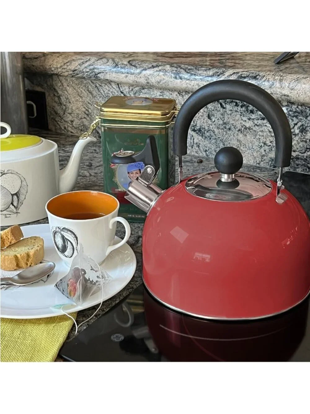 Pastel Red Kitchen Whistling Tea Kettle 2 Quart Stainless Steel Stovetop Teapot